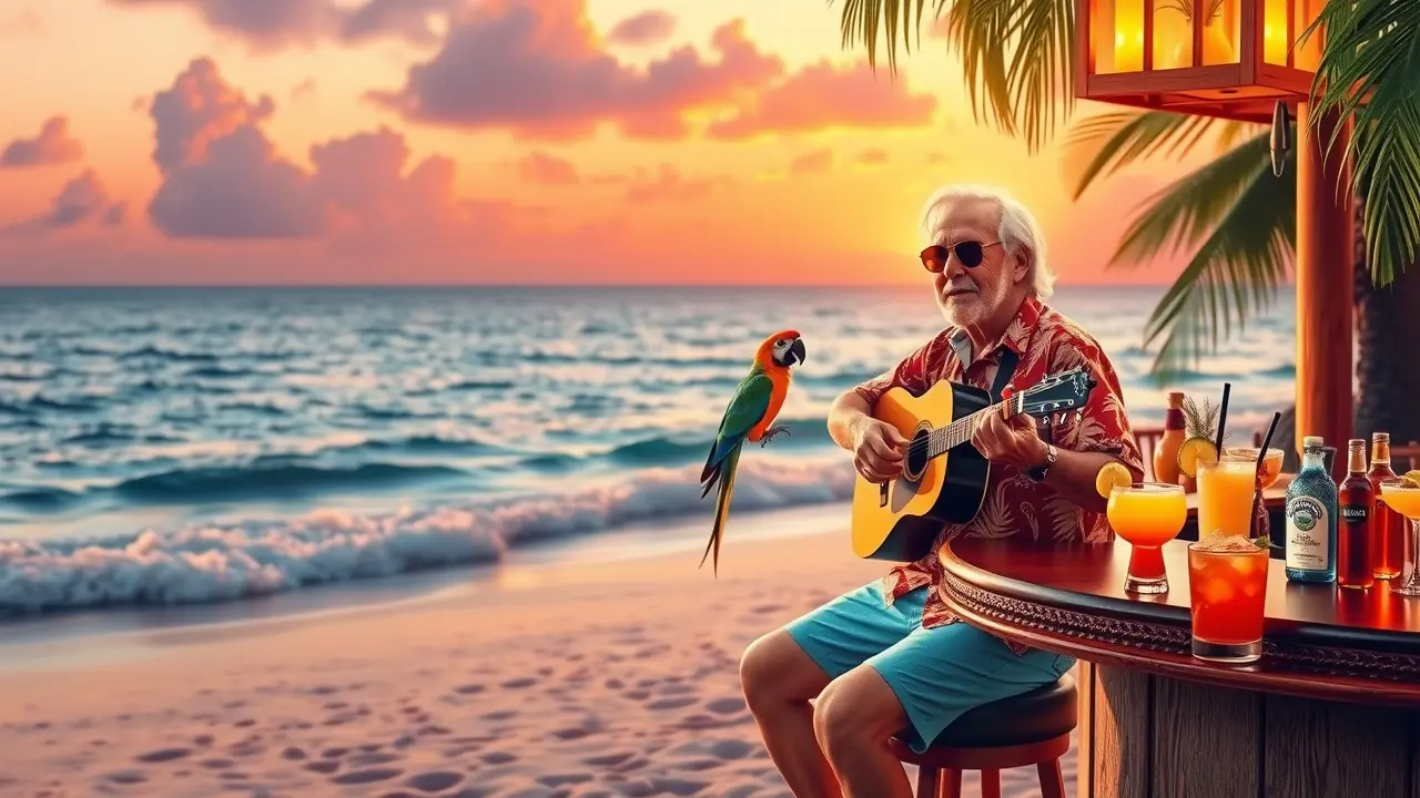 Sonhar com Jimmy Buffett: Desvende o Significado e a Nostalgia! Jimmy Buffett tocando violão na praia ao pôr do sol