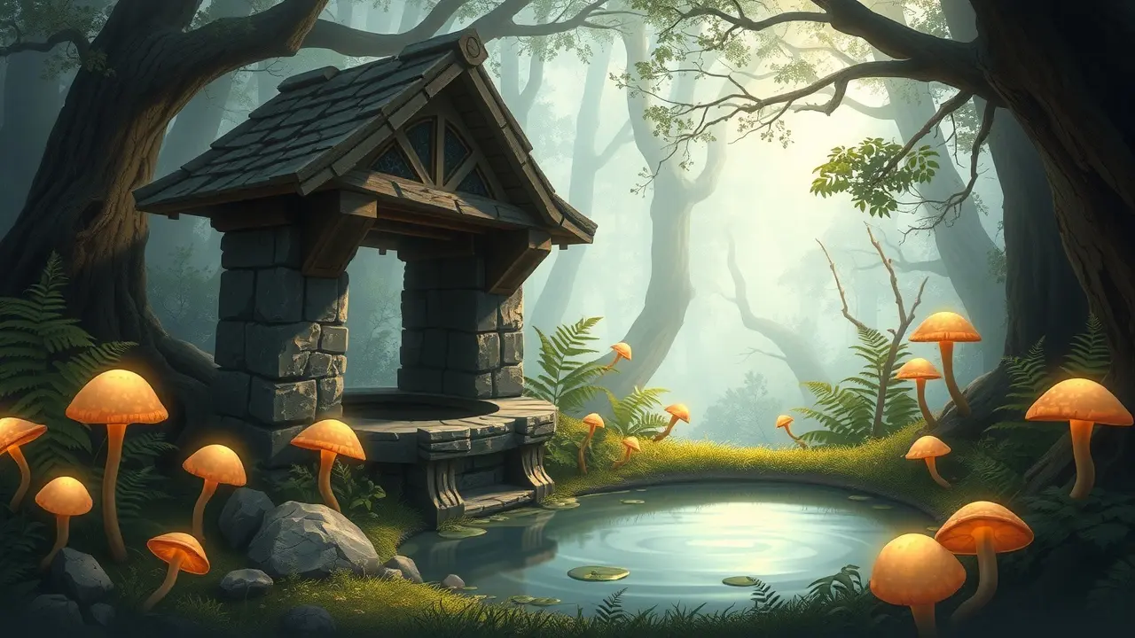 Poço de pedra em floresta mística