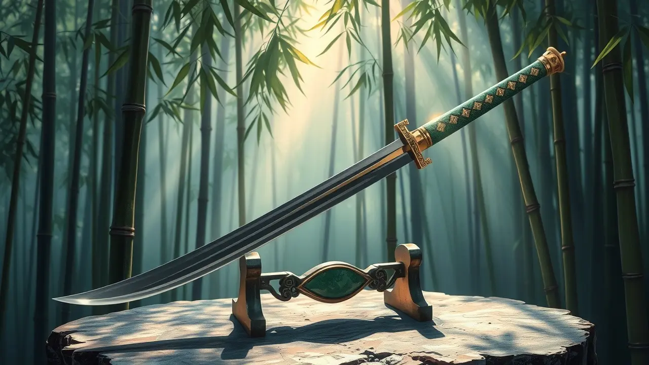 Espada Jian apoiada em pedestal de pedra na floresta de bambu.