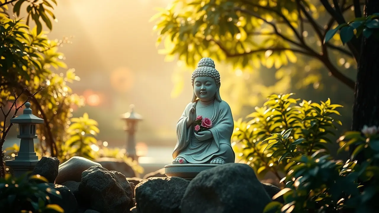 Estátua de Jizo serena em jardim japonês.