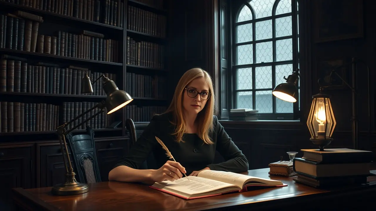 Mulher inspiradora escrevendo em estúdio, sonho com J.K. Rowling