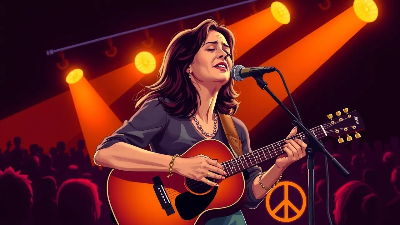O Que Significa Sonhar com Joan Baez? Descubra a Interpretação! Joan Baez cantando em um palco iluminado.