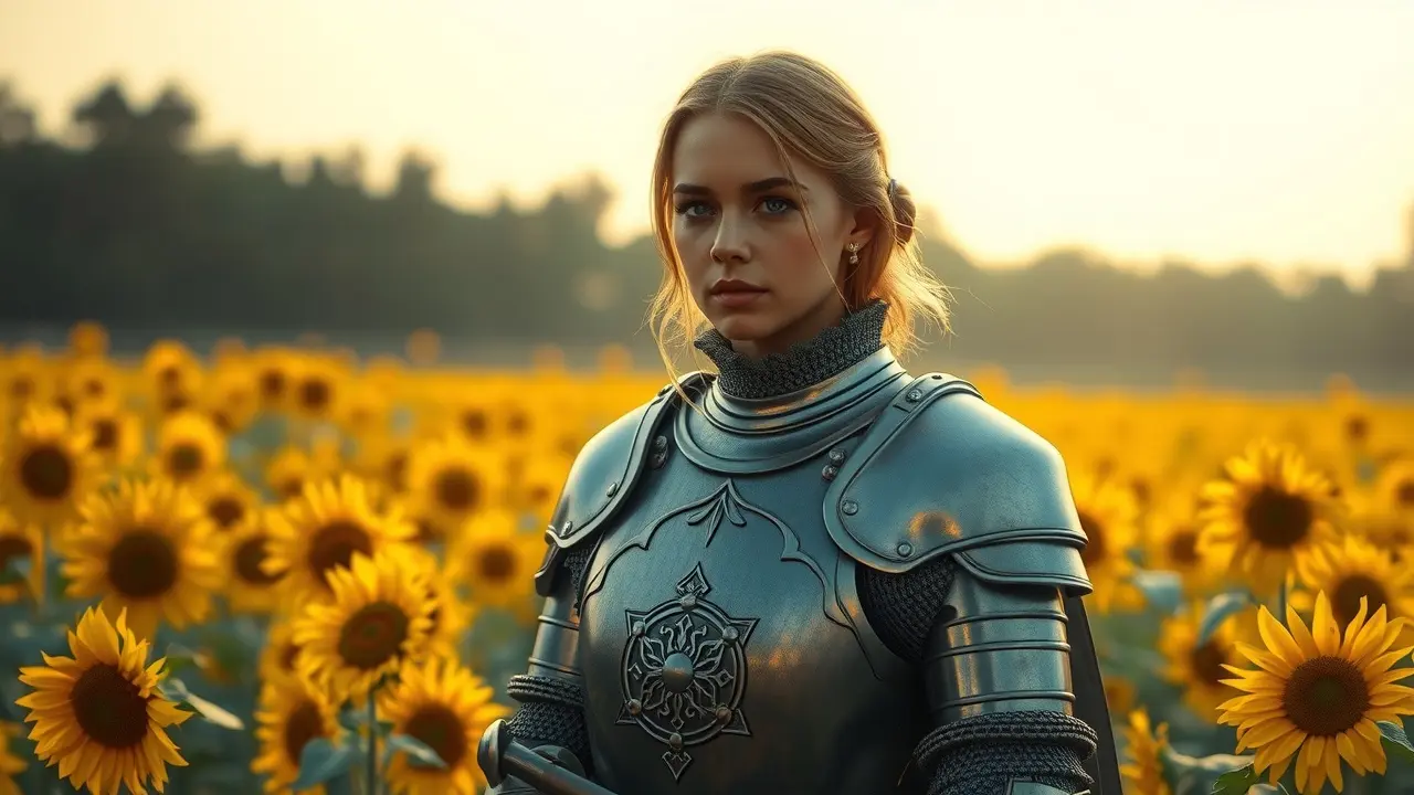 Sonhar com Joana d’Arc: Descubra o Significado e as Mensagens Ocultas Joana d'Arc em armadura em um campo de girassóis.