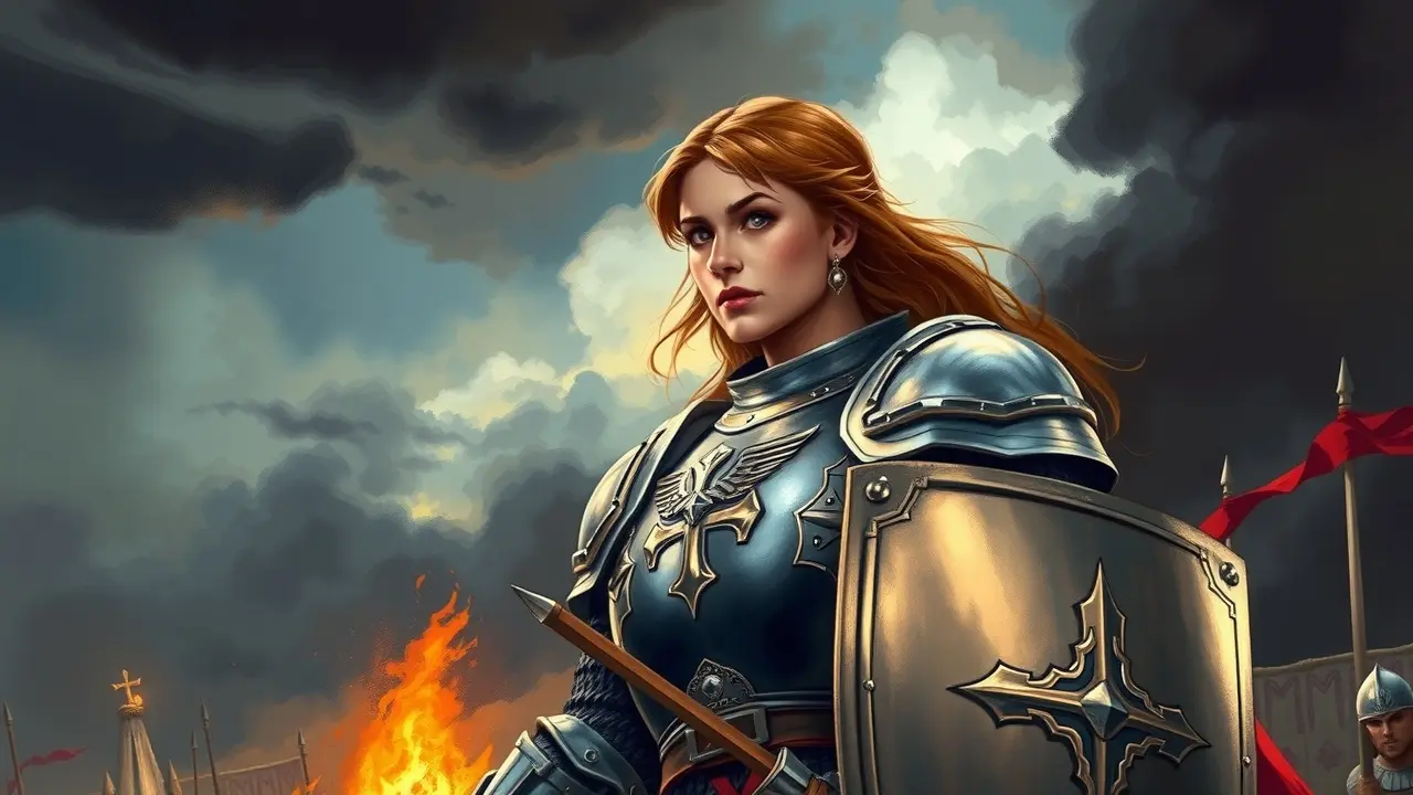 Joana d'Arc em armadura, campo de batalha.