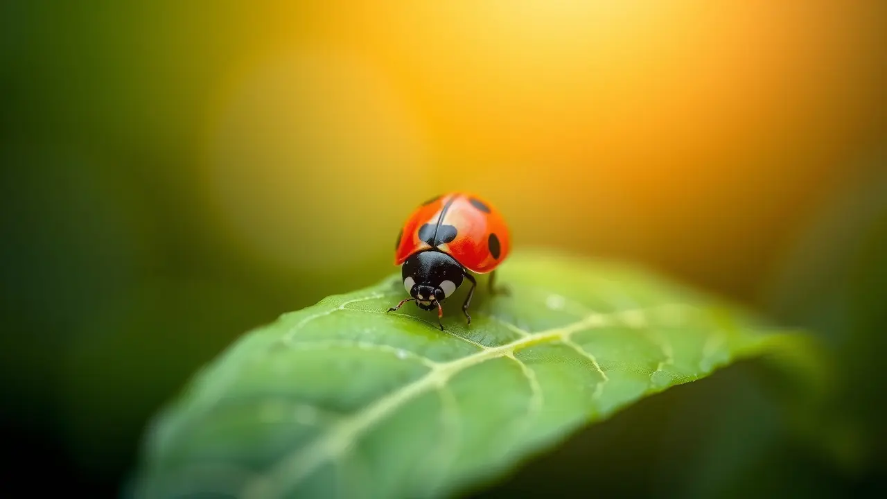 Joaninha em folha verde.