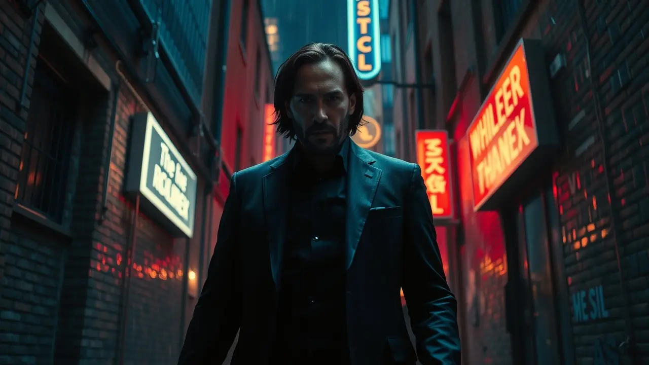 Homem vestido de terno em beco escuro, representando John Wick.