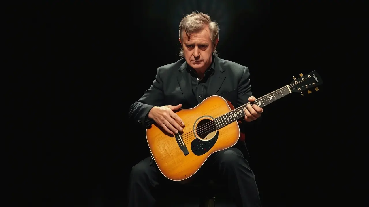 Johnny Cash em preto e branco com guitarra, simbolizando introspecção