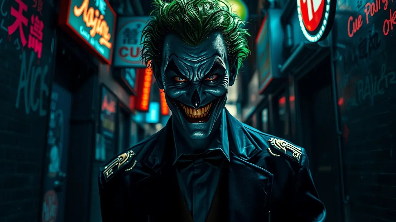 Significado de Sonhar com Coringa (Joker): Uma Análise Detalhada Coringa com maquiagem grotesca em beco escuro.