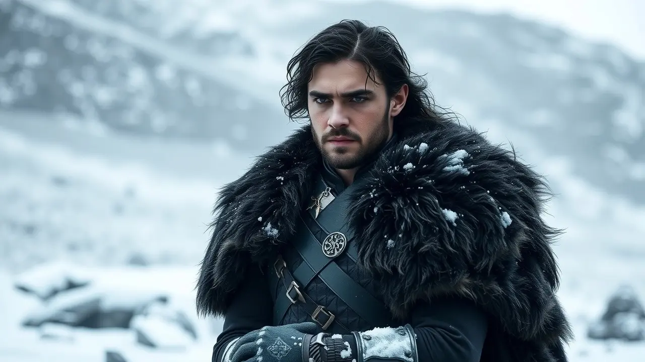 Jon Snow em paisagem nevada