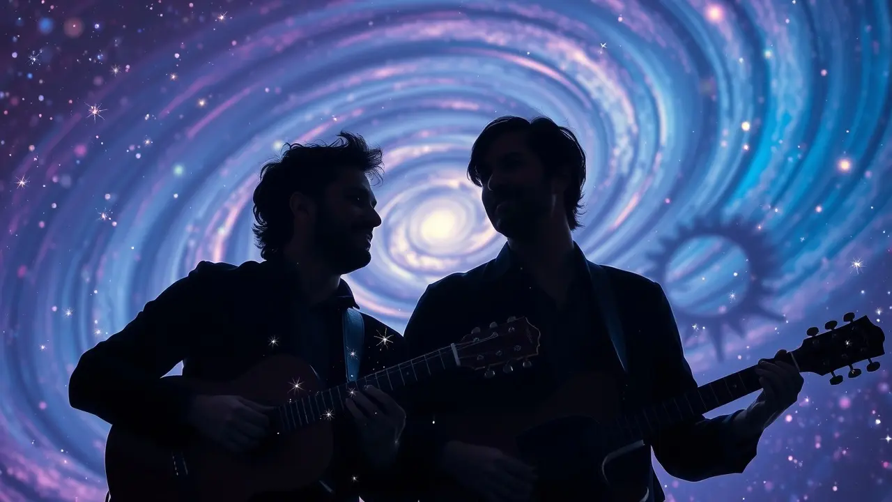 Silhuetas de Jorge e Mateus em noite estrelada.