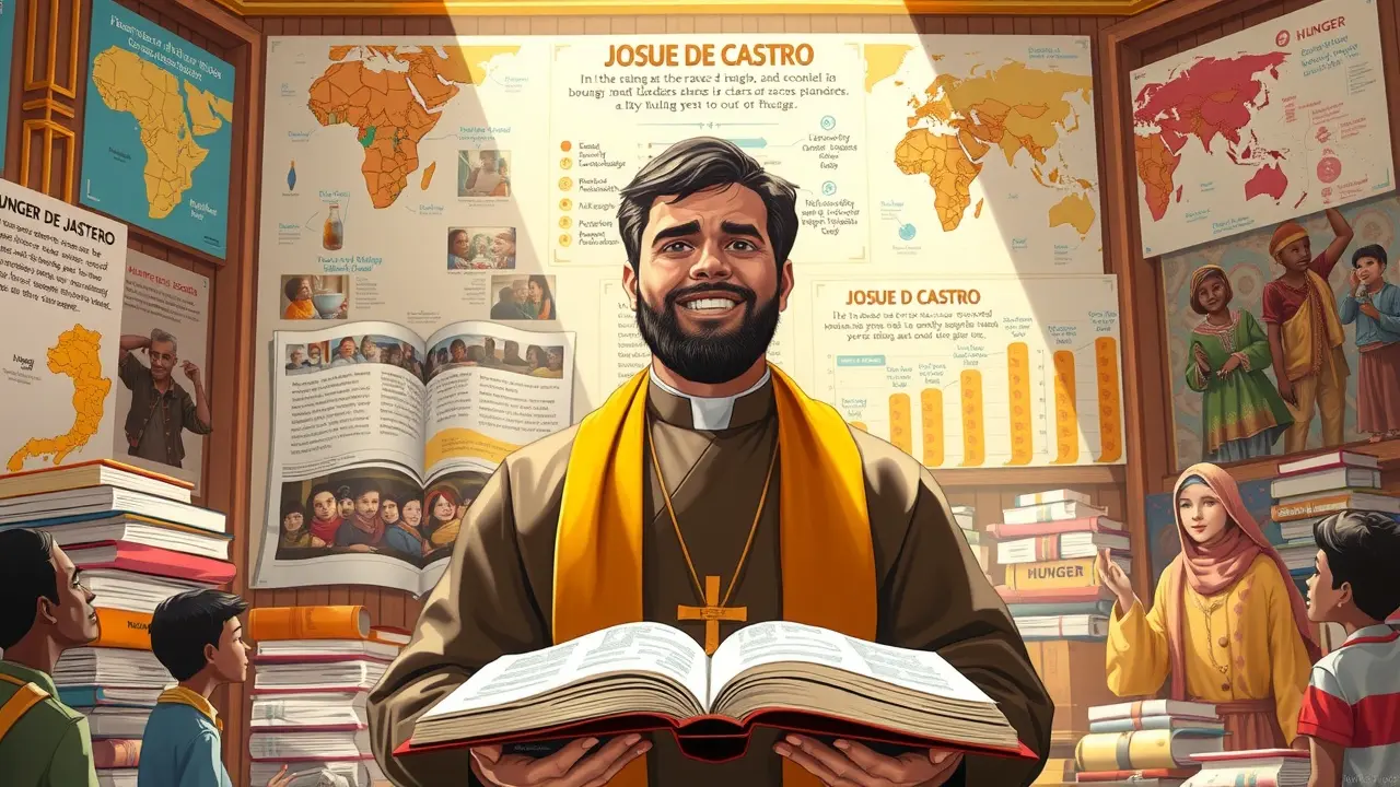 Significado de Sonhar com Josué de Castro: Interpretações e Reflexões Ilustração de Josué de Castro cercado por livros e mapas.
