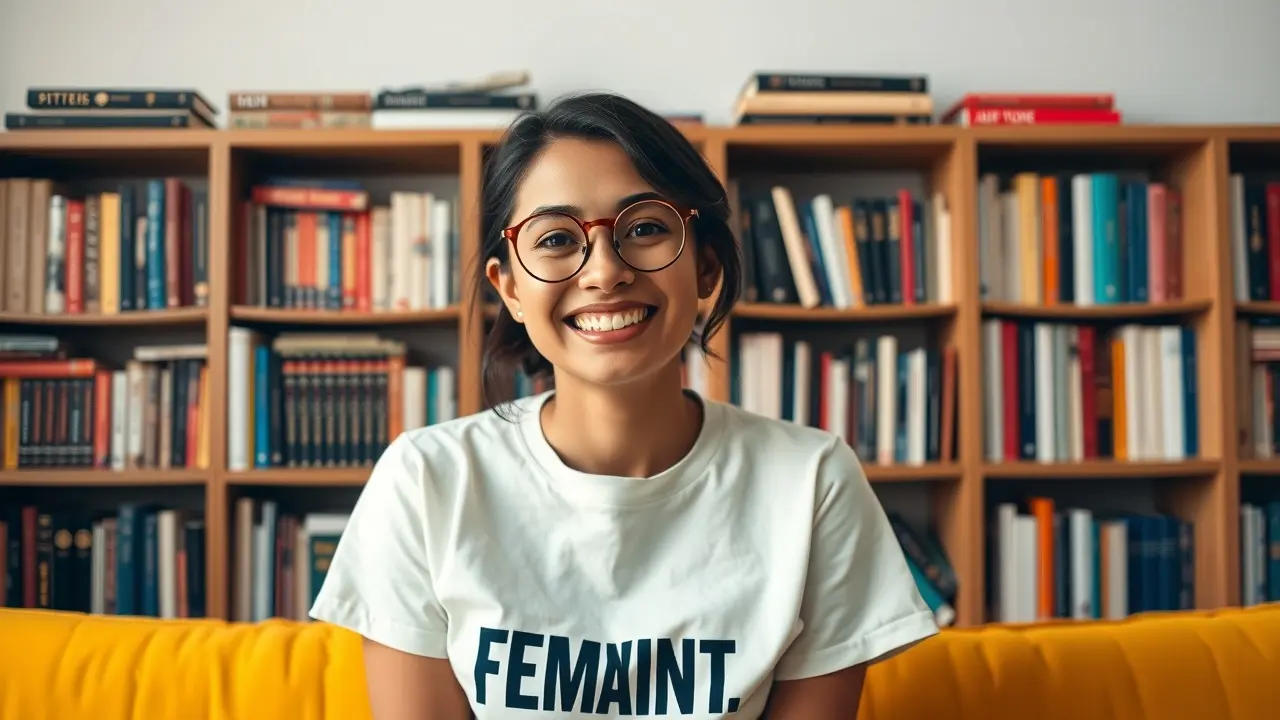 Jout Jout sorrindo em um sofá amarelo
