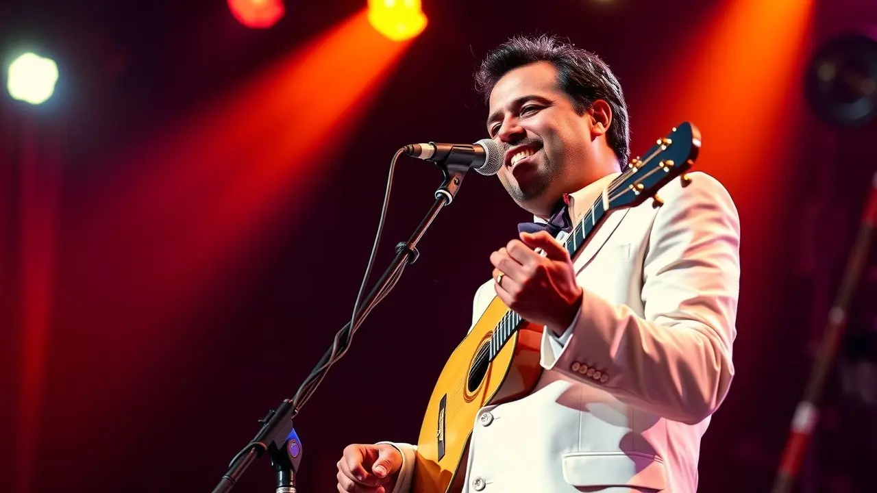 João Nogueira no palco, retrato colorido