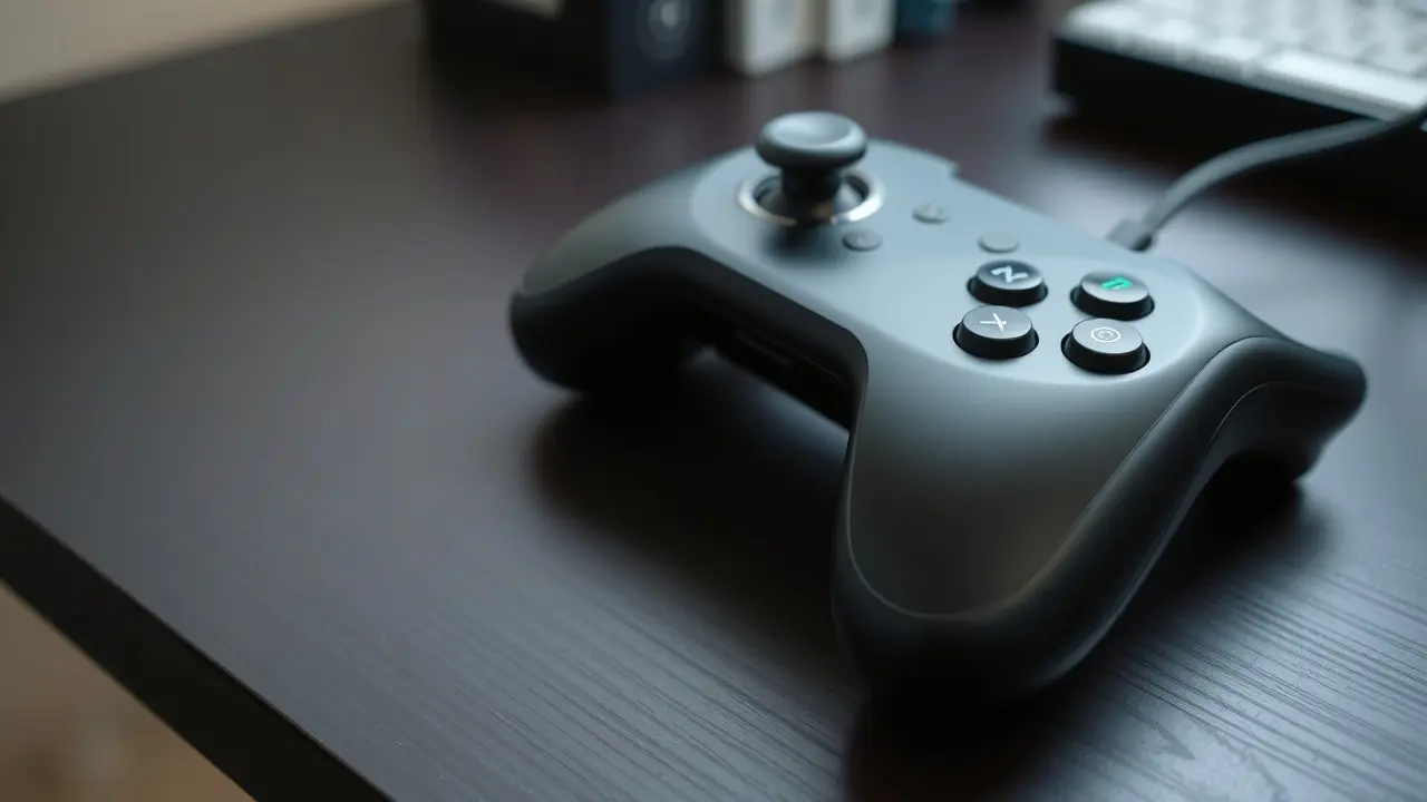 Joystick preto moderno sobre mesa de madeira escura.