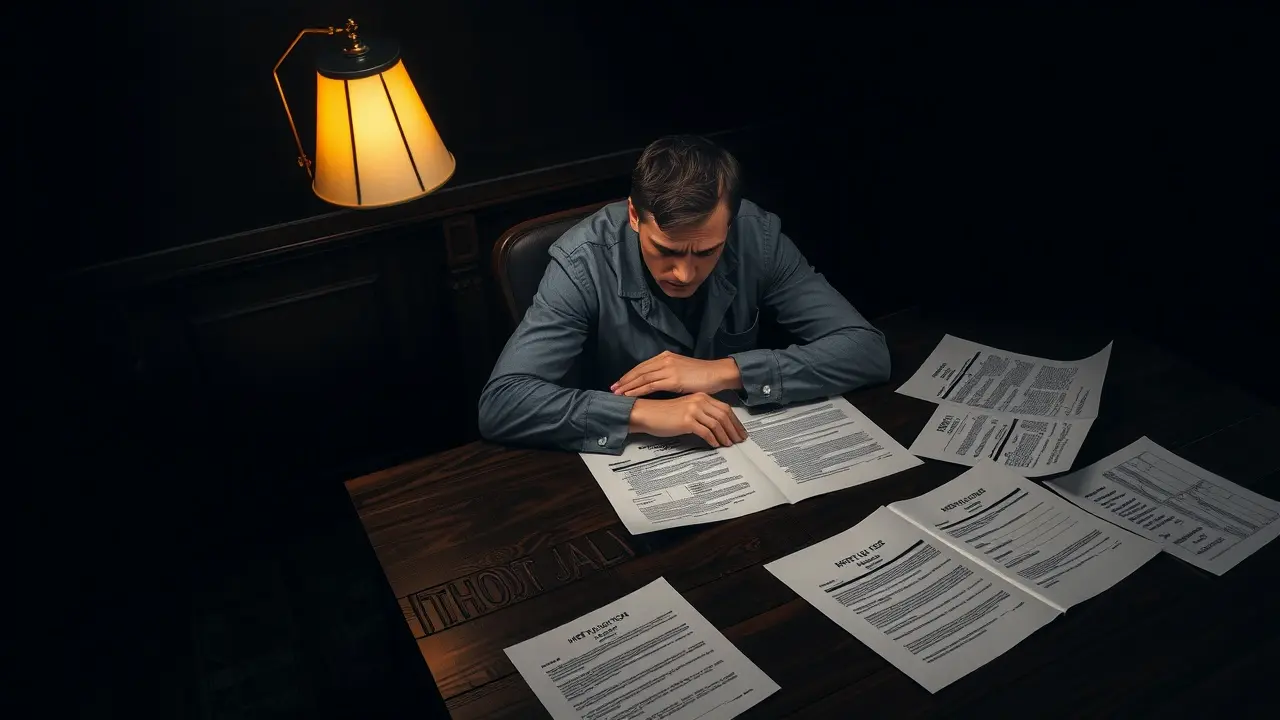 Sonhar com Judicialização: Descubra o Significado e as Implicações Pessoa ansiosa cercada por documentos legais, representando judicialização.