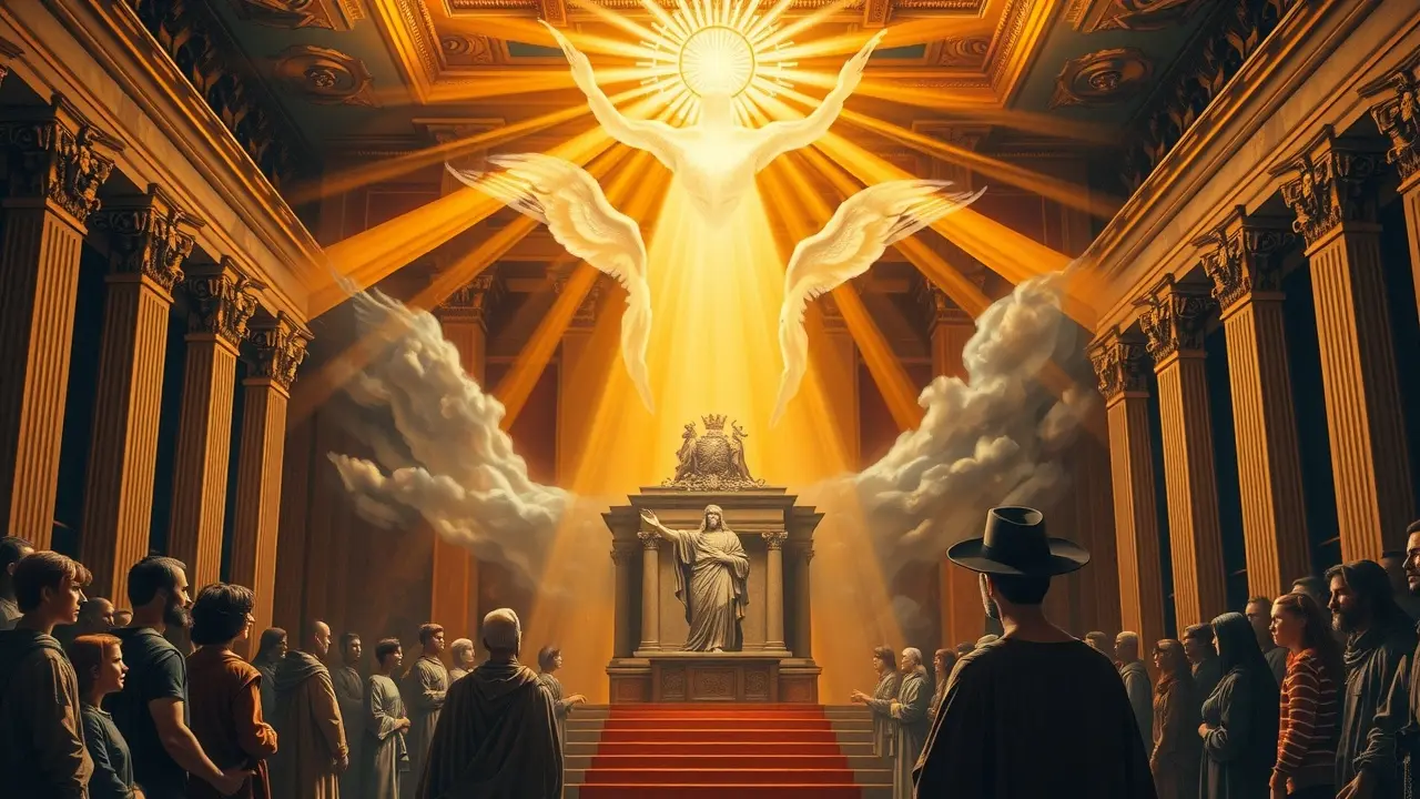 Cena onírica de julgamento final com luz dourada