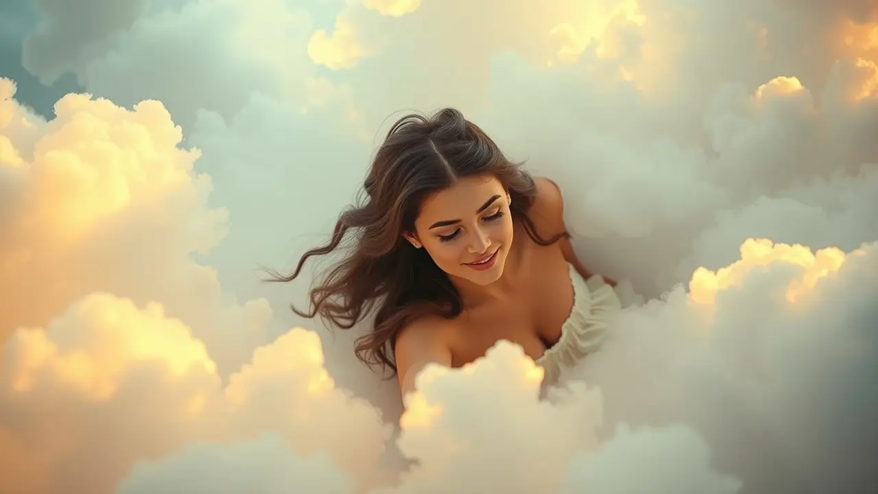 Mulher sonhando com Juliana Paes em nuvens