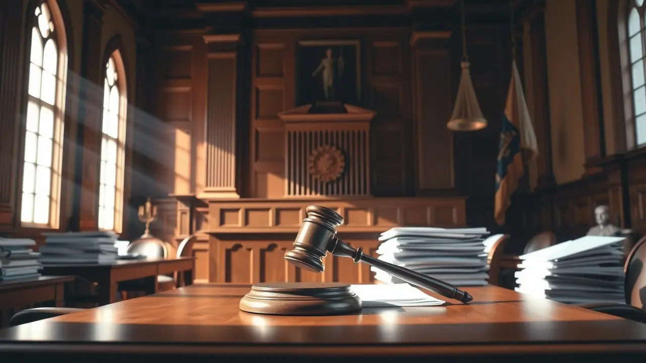 Significado de Sonhar com Jurisprudência: Decifrando os Sinais da Lei Ilustração de um tribunal para representar sonho com jurisprudência