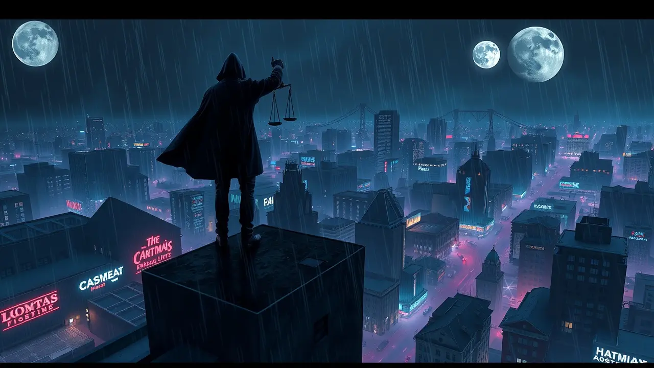 Justiceiro na cidade noturna.