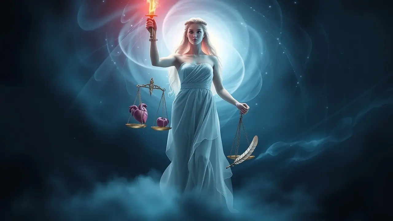 Ilustração da Dama da Justiça em ambiente onírico.