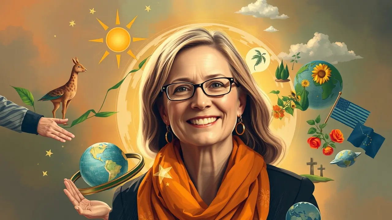 Ilustração de Jutta Urpilainen com símbolos de cooperação internacional