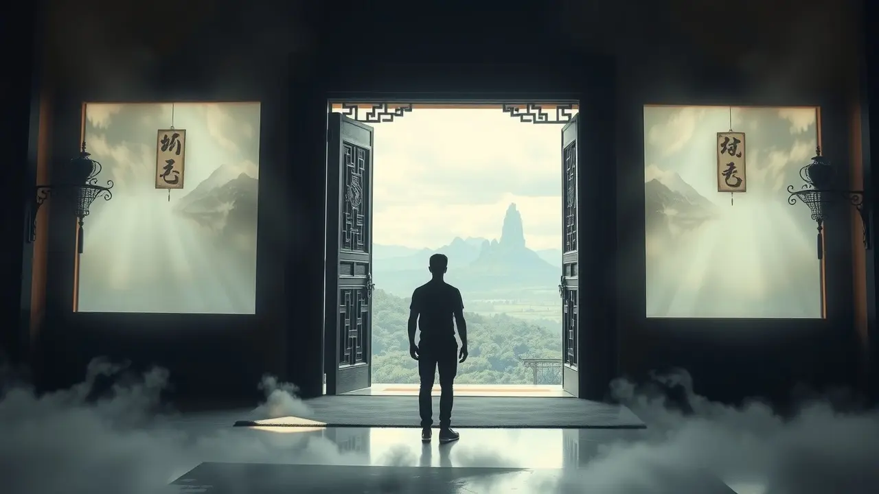 Significado de Sonhar com Jìn: Uma Análise Profunda Pessoa prestes a entrar em portal onírico representando progresso.