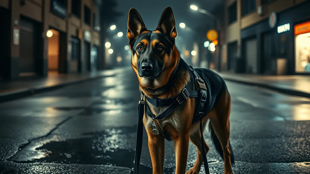 Sonhar com K-9: Desvende os Significados Ocultos Cão K-9 alerta em ambiente urbano