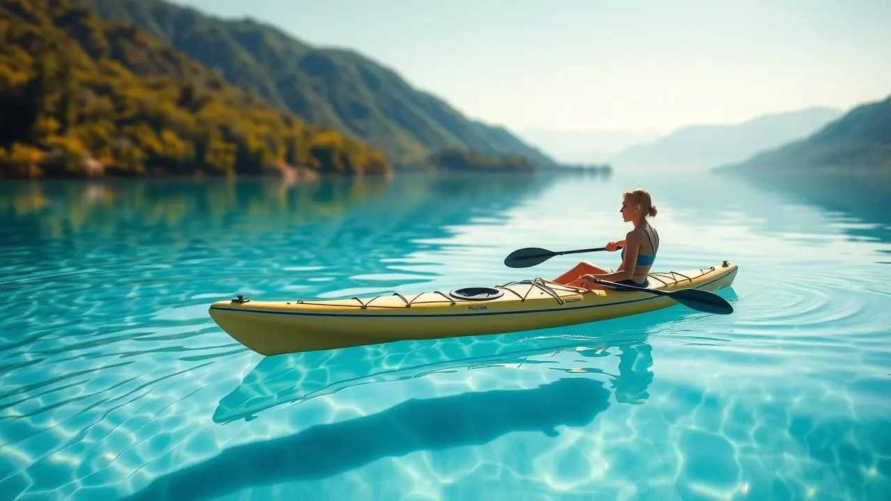 Pessoa remando kajak em águas calmas