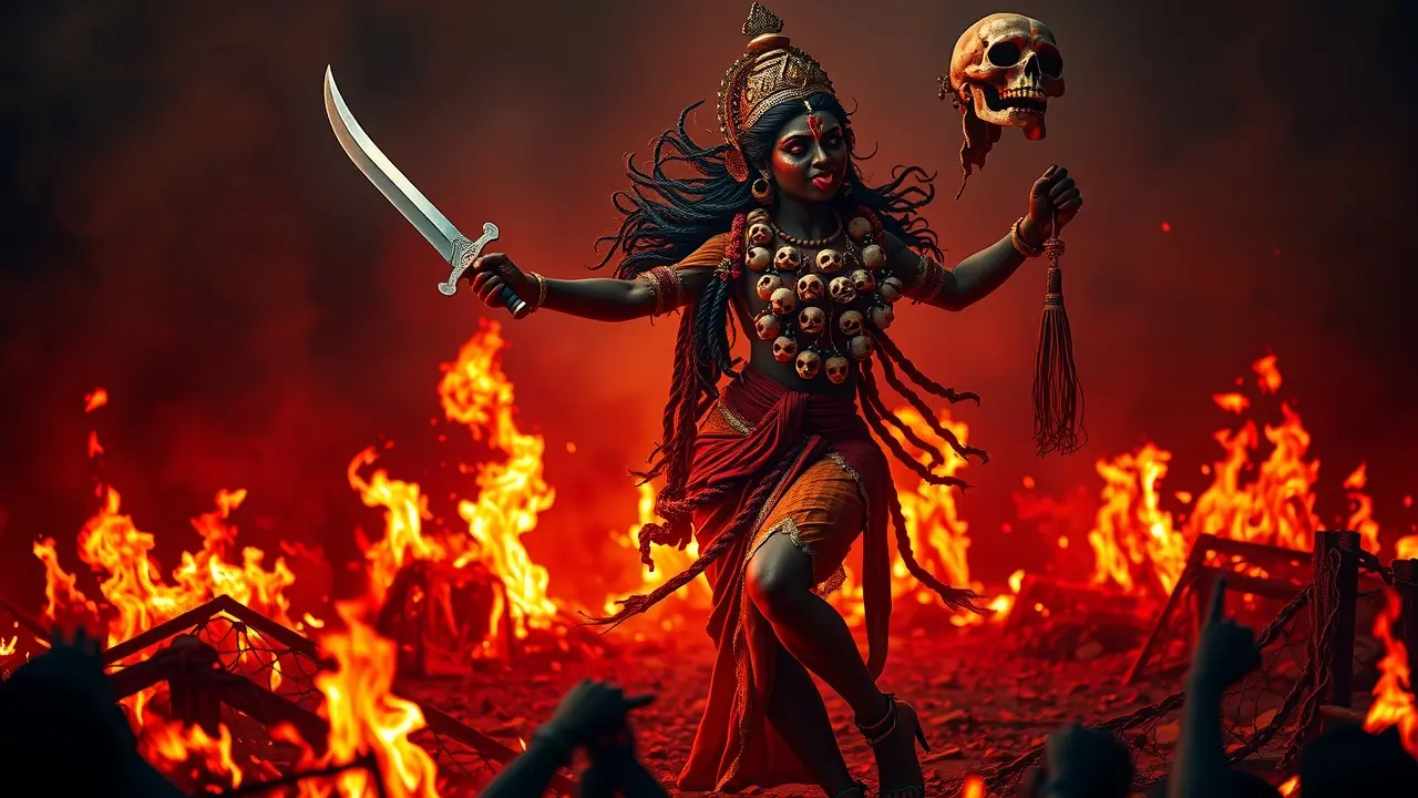 Deusa Kali segurando espada e cabeça cortada.