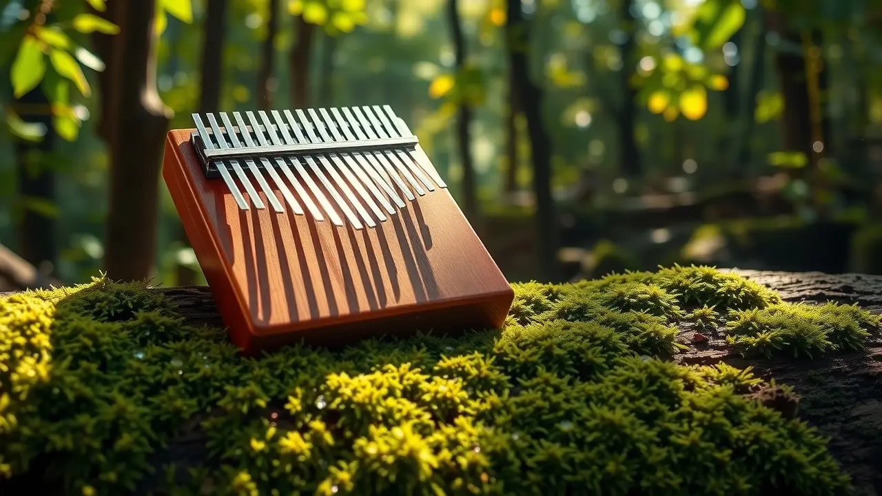 Kalimba em madeira na floresta ensolarada.