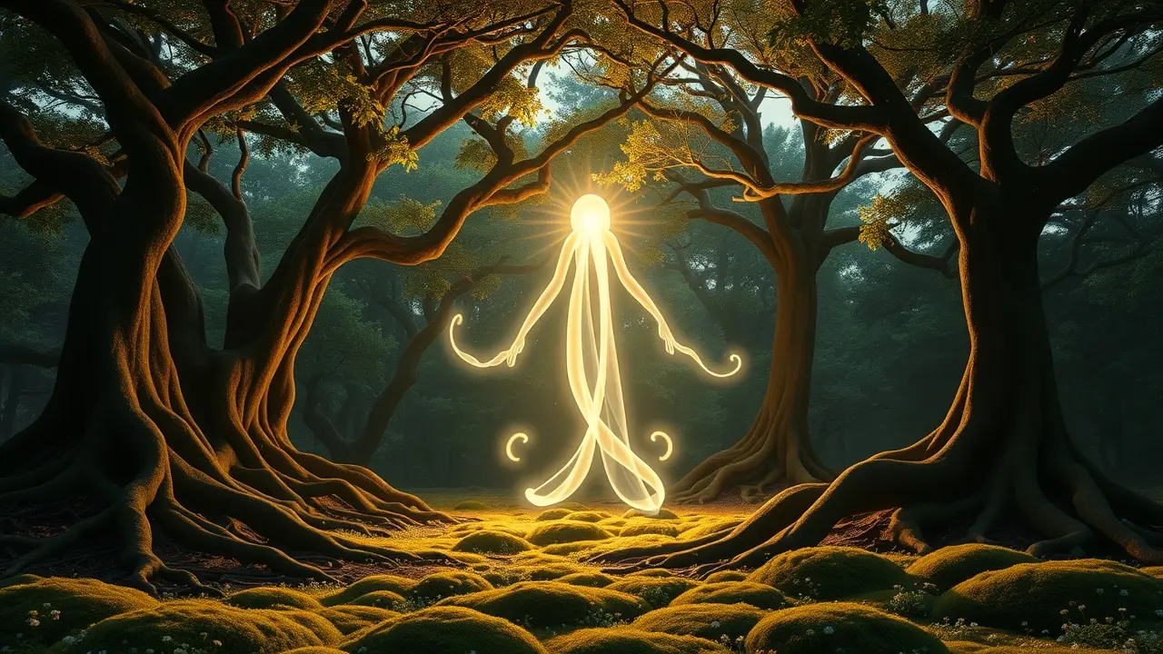 Significado de Sonhar com Kami: Desvende os Mistérios do Subconsciente Kami brilhante em floresta ancestral ao entardecer