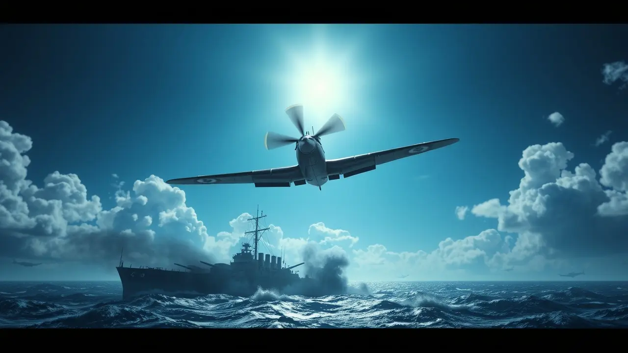 Avião kamikaze prestes a mergulhar em direção a um navio de guerra