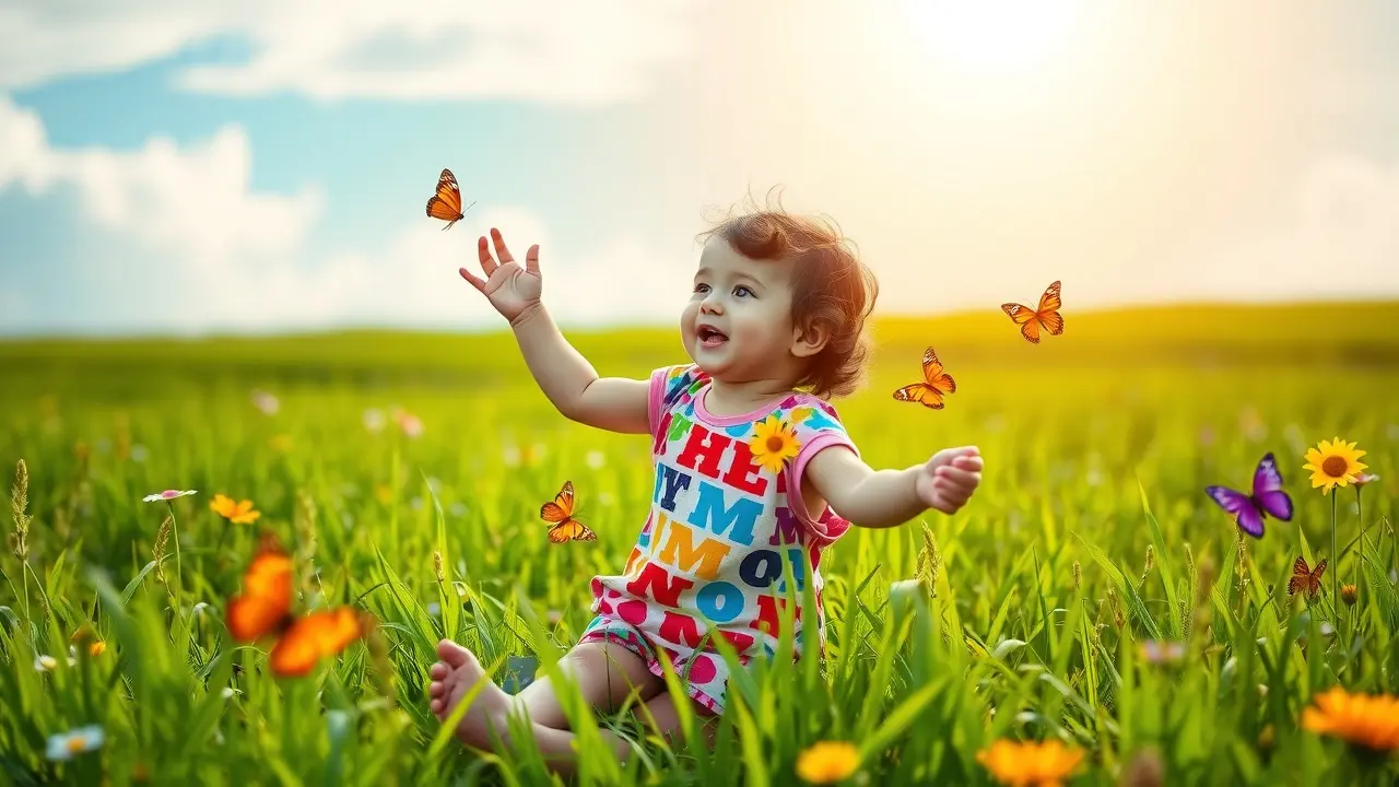 Criança brincando em um campo verde ensolarado