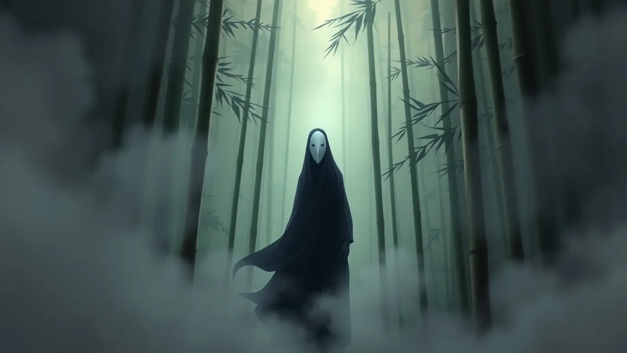 Sonhar com Kaonashi: Descubra o Significado Oculto Kaonashi em meio a névoa em floresta de bambu.