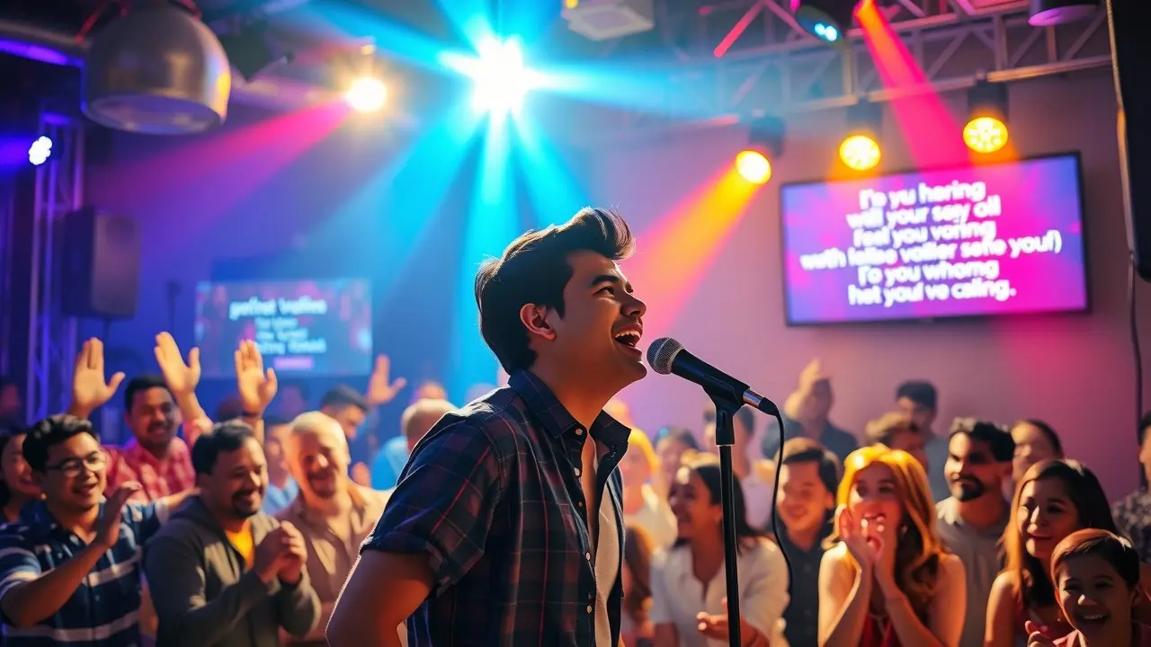 Pessoa cantando em um karaokê, expressando alegria.