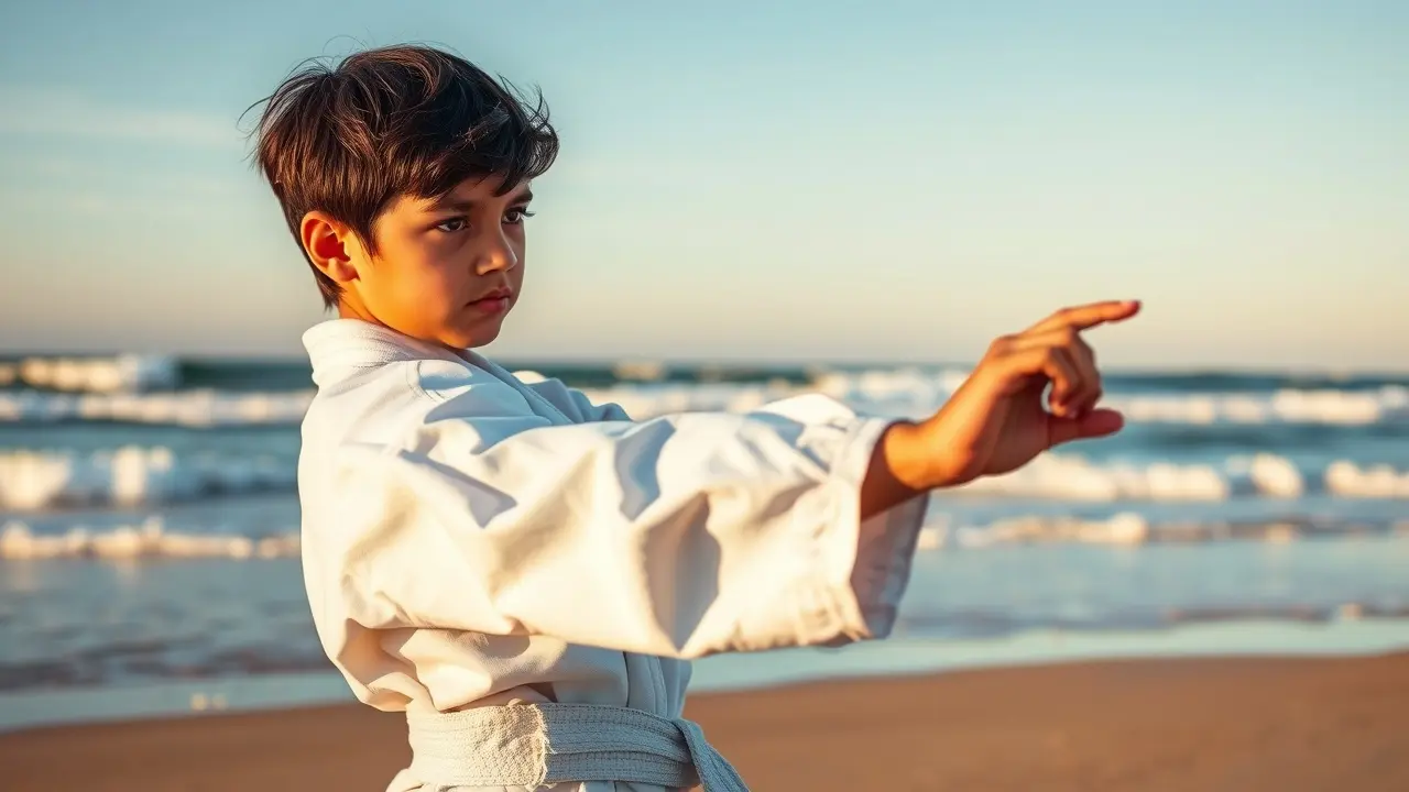 Sonhar com Karate Kid: Descubra os significados ocultos! Jovem praticando karatê na praia