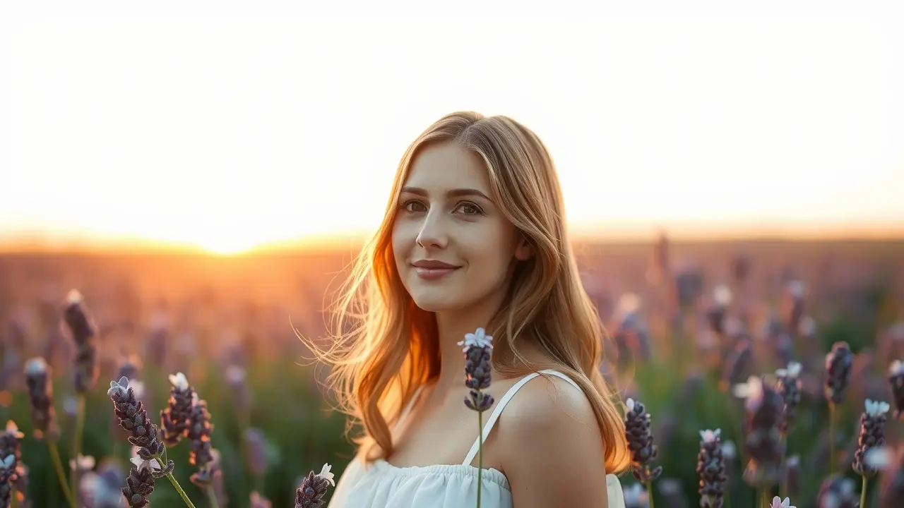 Mulher serena em campo de lavanda, representando pureza e introspecção