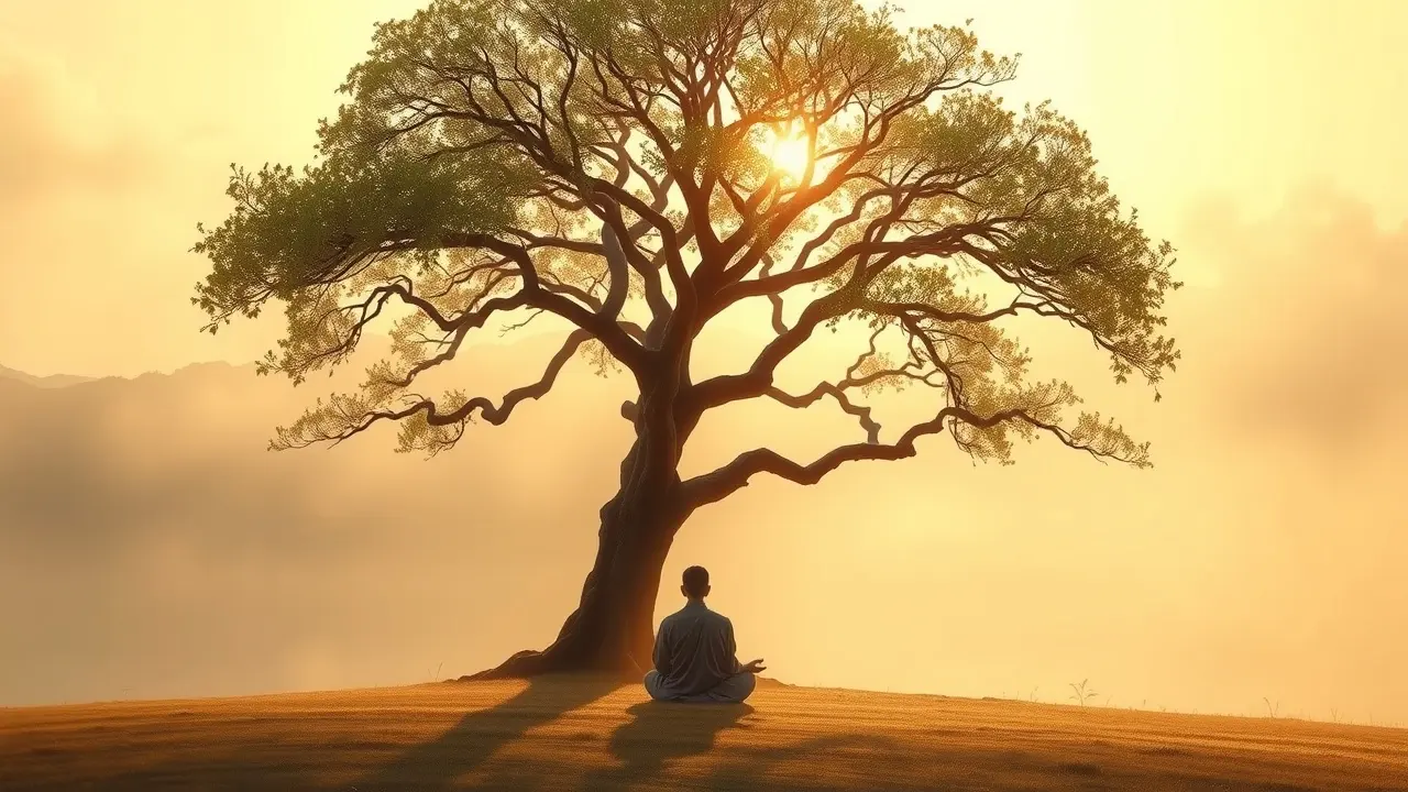 Pessoa meditando sob a árvore Bodhi, representando o karma.