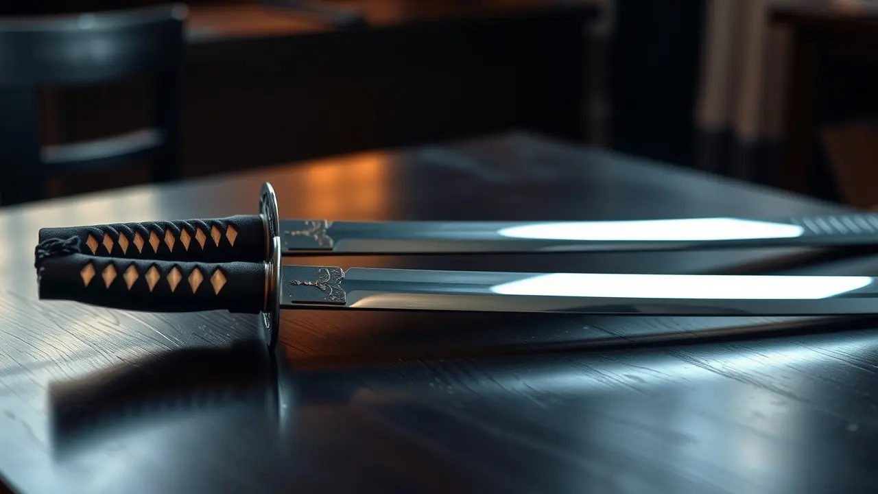 Sonhar com Katana: Desvende os Significados e Simbolismos Katana brilhante sobre mesa de madeira.