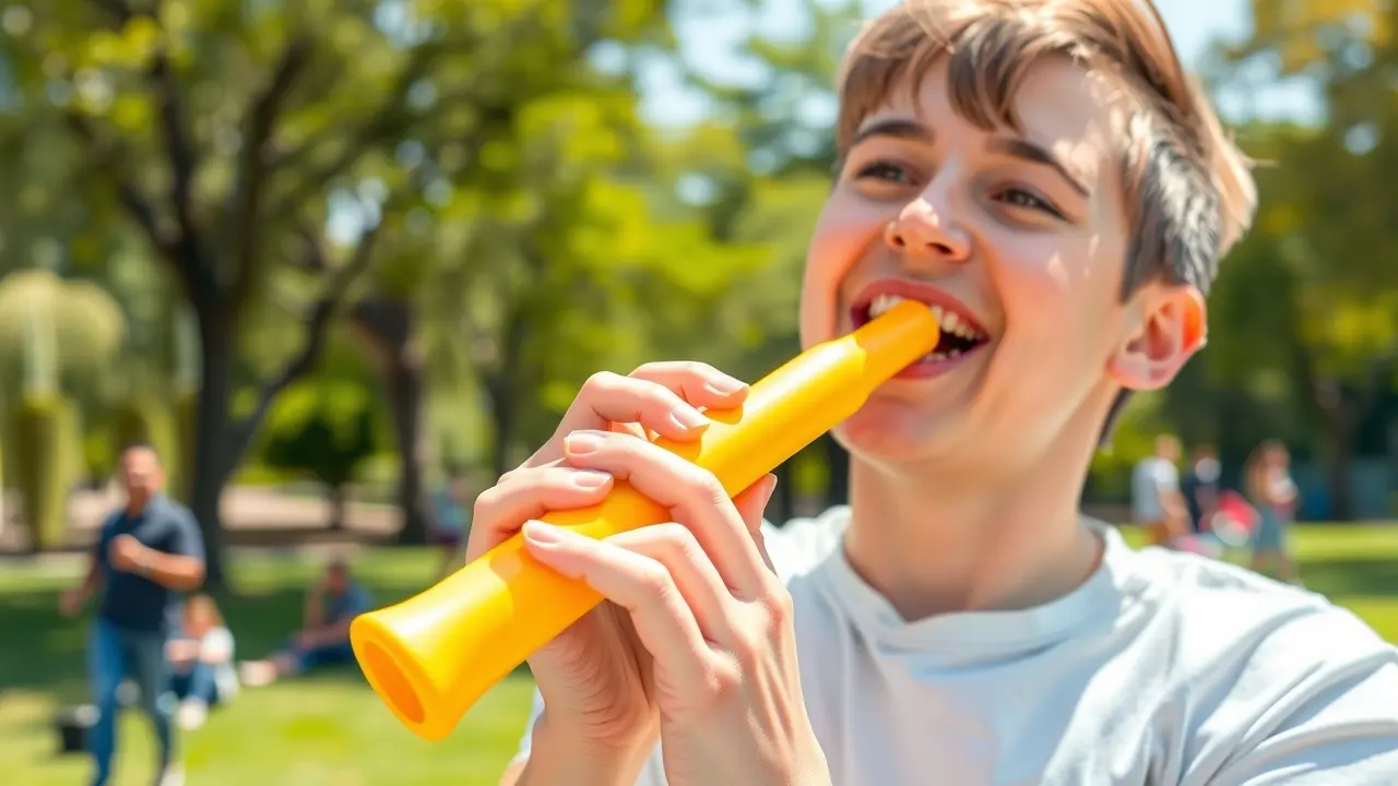 Pessoa feliz tocando kazoo em um parque ensolarado.