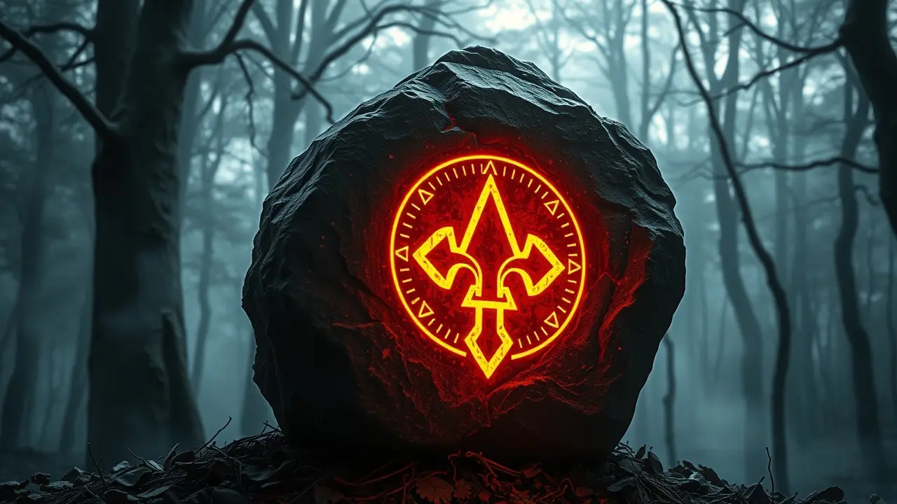 Sonhar com Kenaz: Desvende o Significado e os Símbolos Ocultos Runestone Kenaz brilhante em floresta mística