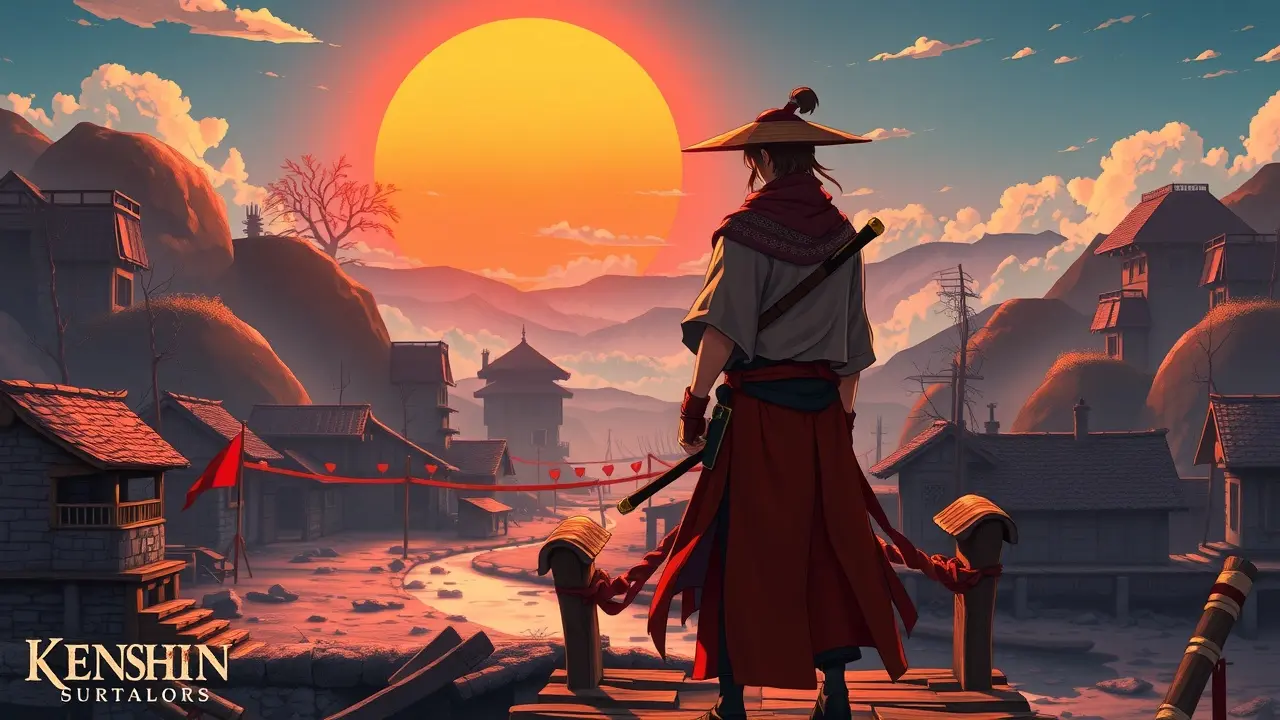 Significado de Sonhar com Kenshin Himura: Desvendando o Samurai Interior Kenshin Himura em pose de reflexão ao pôr do sol.