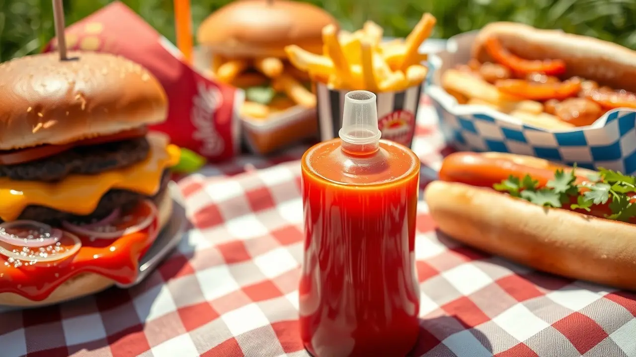 Garrafa de ketchup vibrante em piquenique ensolarado.