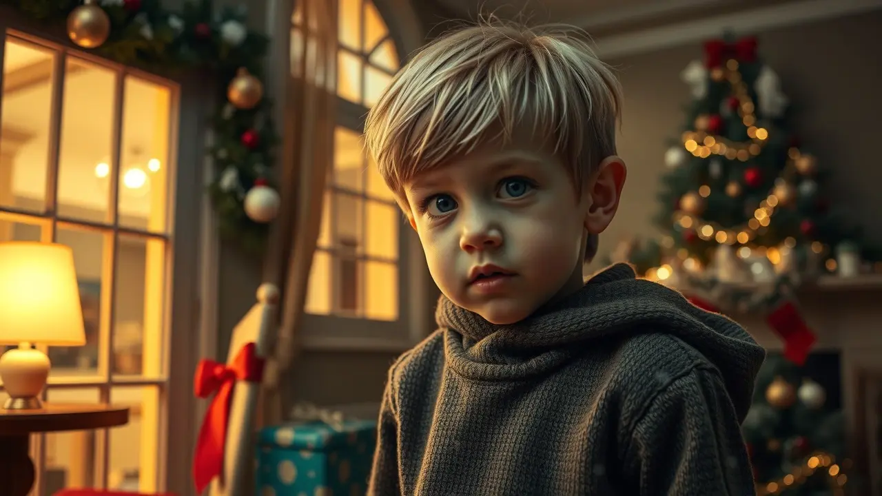 Criança loira sozinha em casa decorada no Natal, expressando determinação.