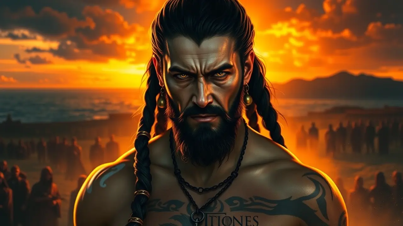 Sonhar com Khal Drogo: Desvende os Significados e Simbolismos Khal Drogo com olhar intenso ao pôr do sol