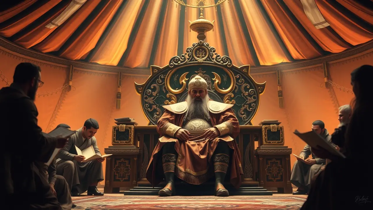 Khan sentado em trono dourado