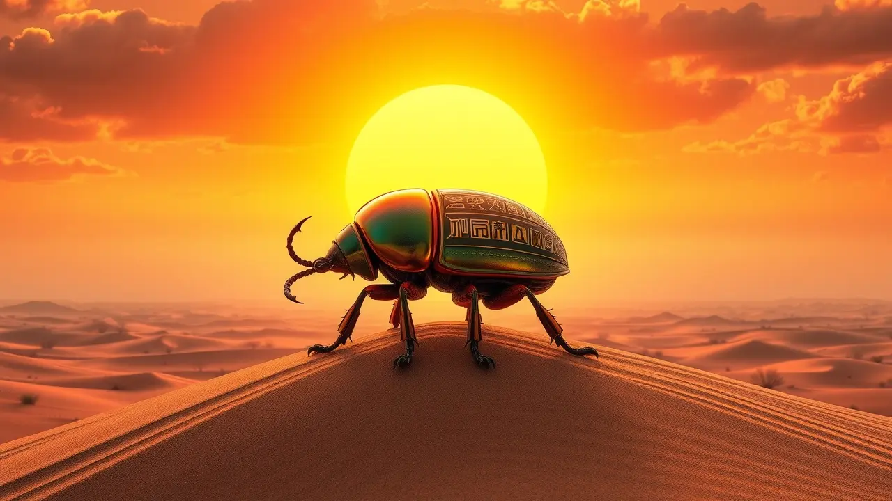 Khepri rolando o sol no deserto ao amanhecer.