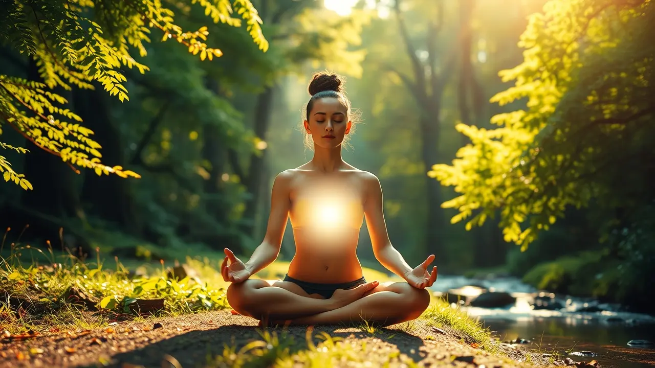 Pessoa meditando com aura brilhante.