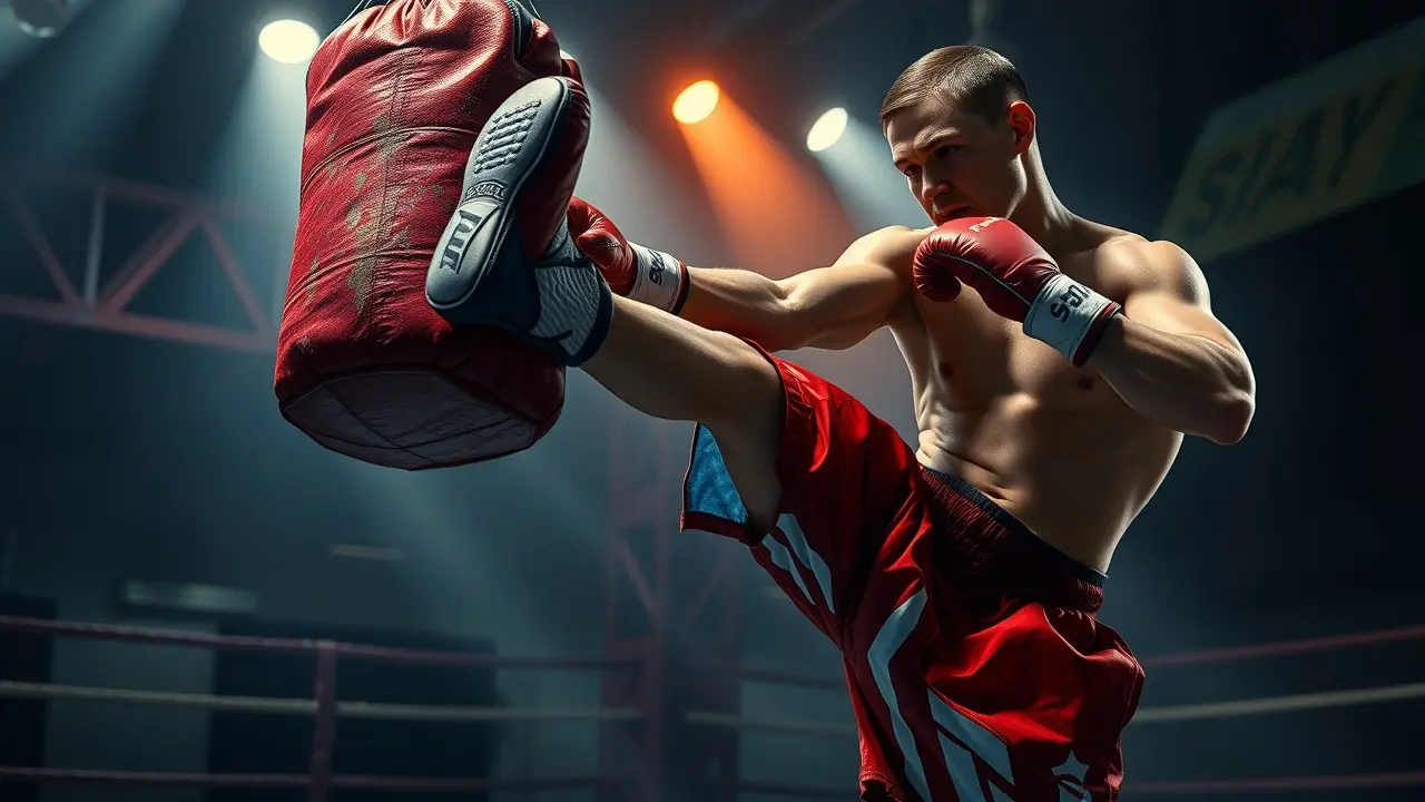 Kickboxer treinando em academia escura.