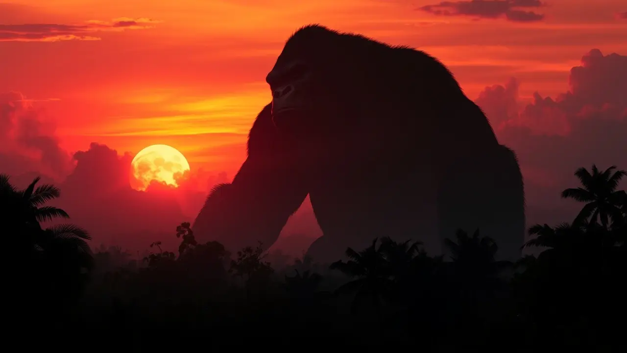 Silhueta de King Kong ao pôr do sol na selva.